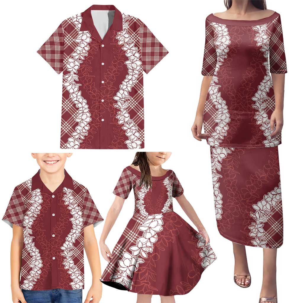 Hawaii Aloha Plumeria Lei Scarlet Palaka Family Matching Puletasi and Hawaiian Shirt - Polynesian Pride