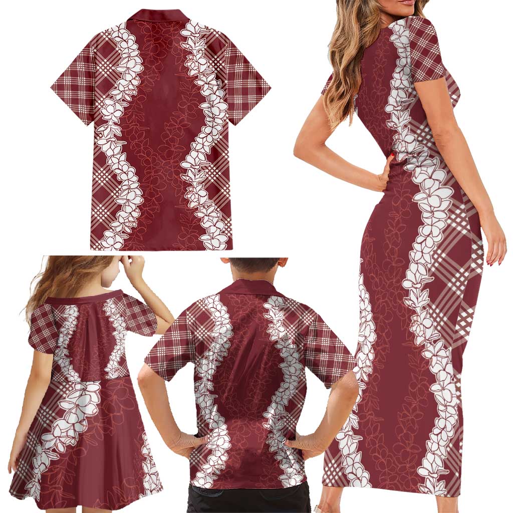 Hawaii Aloha Plumeria Lei Scarlet Palaka Family Matching Short Sleeve Bodycon Dress and Hawaiian Shirt - Polynesian Pride