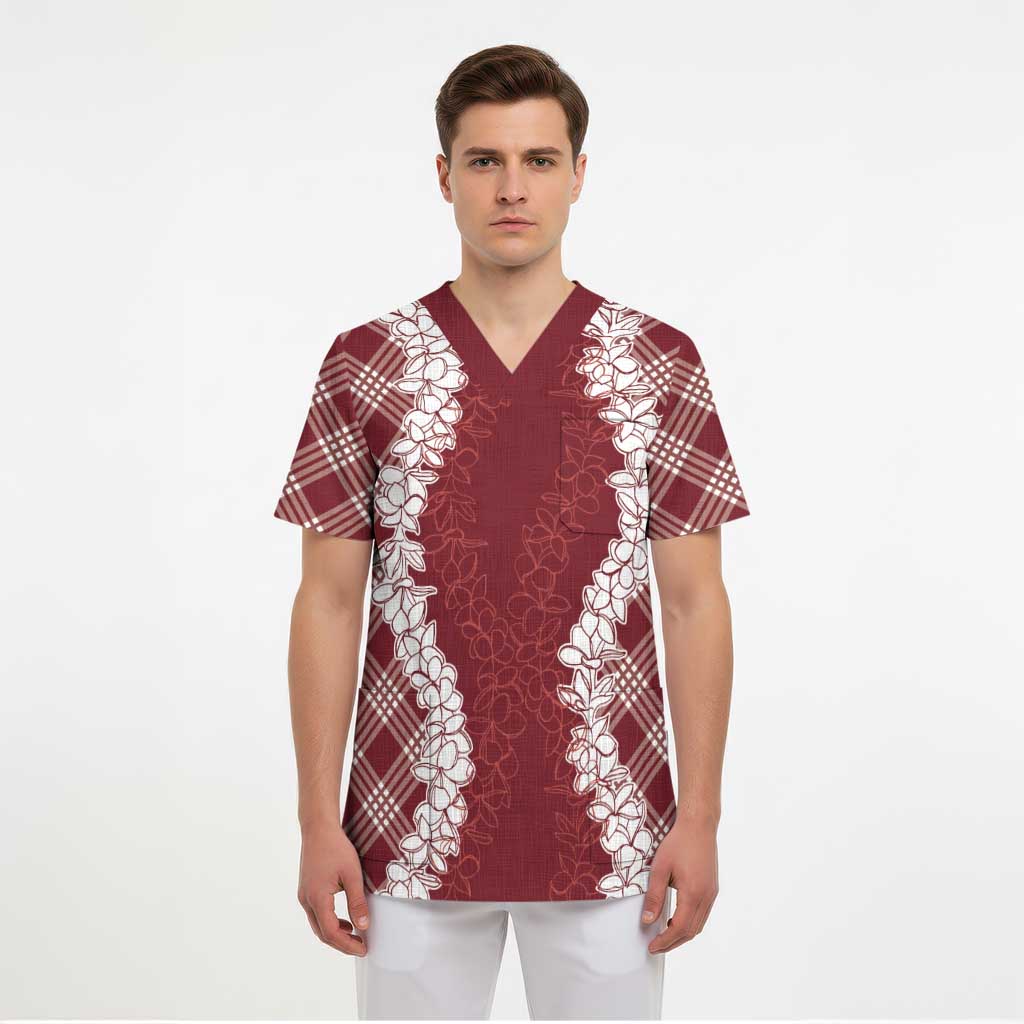 Hawaii Aloha Plumeria Lei Scarlet Palaka Scrub Top - Polynesian Pride