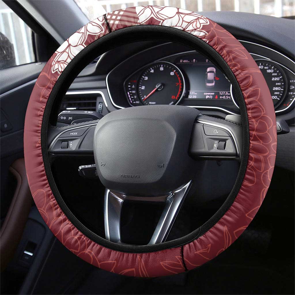 Hawaii Aloha Plumeria Lei Scarlet Palaka Steering Wheel Cover - Polynesian Pride