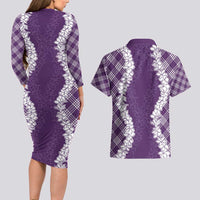 Hawaii Aloha Plumeria Lei Violet Palaka Couples Matching Long Sleeve Bodycon Dress and Hawaiian Shirt - Polynesian Pride
