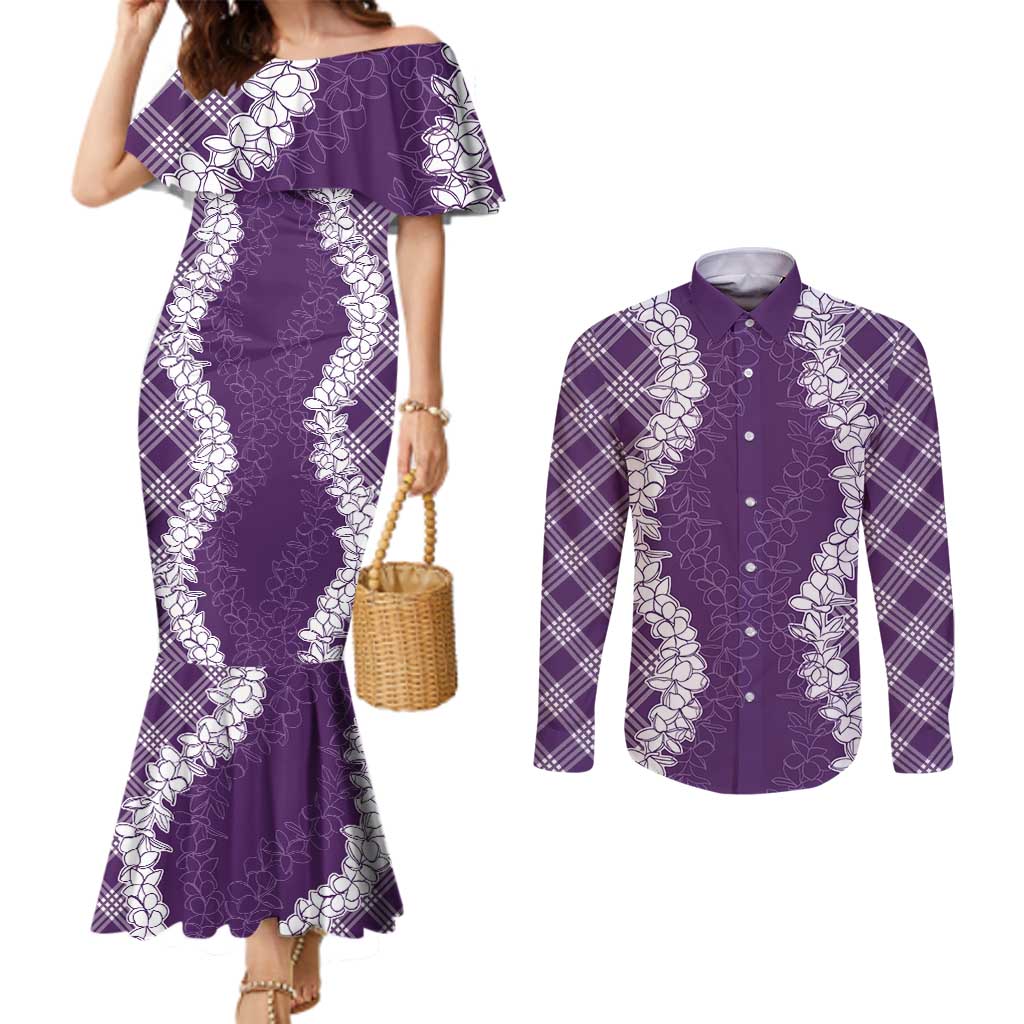 Hawaii Aloha Plumeria Lei Violet Palaka Couples Matching Mermaid Dress and Long Sleeve Button Shirt - Polynesian Pride