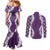 Hawaii Aloha Plumeria Lei Violet Palaka Couples Matching Mermaid Dress and Long Sleeve Button Shirt - Polynesian Pride