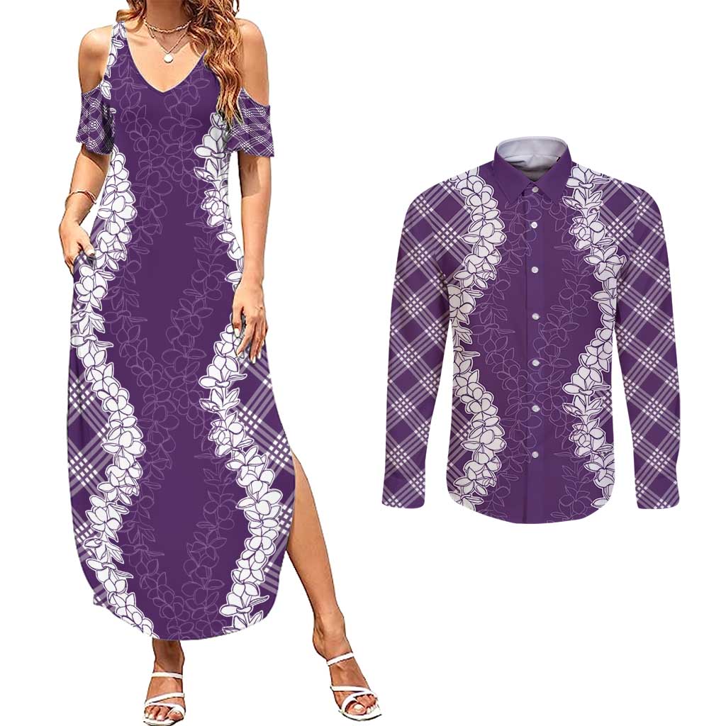 Hawaii Aloha Plumeria Lei Violet Palaka Couples Matching Summer Maxi Dress and Long Sleeve Button Shirt - Polynesian Pride