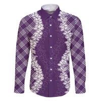 Hawaii Aloha Plumeria Lei Violet Palaka Family Matching Long Sleeve Bodycon Dress and Hawaiian Shirt - Polynesian Pride