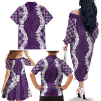 Hawaii Aloha Plumeria Lei Violet Palaka Family Matching Off The Shoulder Long Sleeve Dress and Hawaiian Shirt - Polynesian Pride