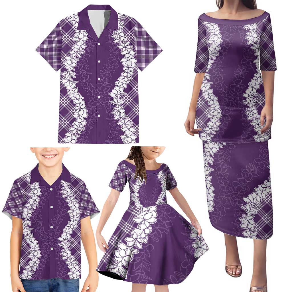 Hawaii Aloha Plumeria Lei Violet Palaka Family Matching Puletasi and Hawaiian Shirt - Polynesian Pride