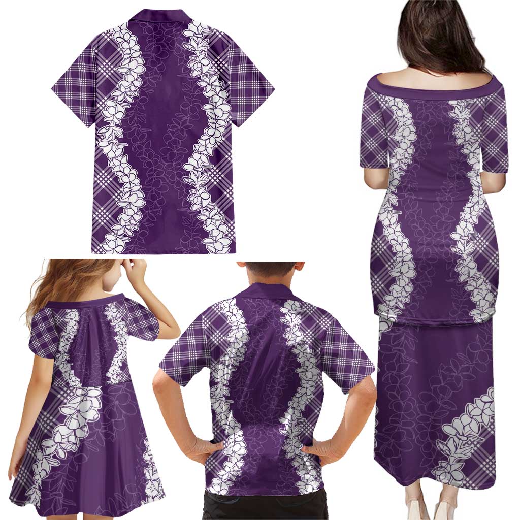 Hawaii Aloha Plumeria Lei Violet Palaka Family Matching Puletasi and Hawaiian Shirt - Polynesian Pride