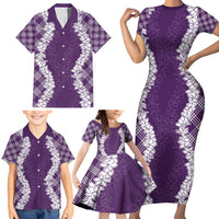 Hawaii Aloha Plumeria Lei Violet Palaka Family Matching Short Sleeve Bodycon Dress and Hawaiian Shirt - Polynesian Pride
