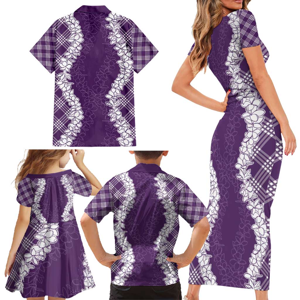 Hawaii Aloha Plumeria Lei Violet Palaka Family Matching Short Sleeve Bodycon Dress and Hawaiian Shirt - Polynesian Pride