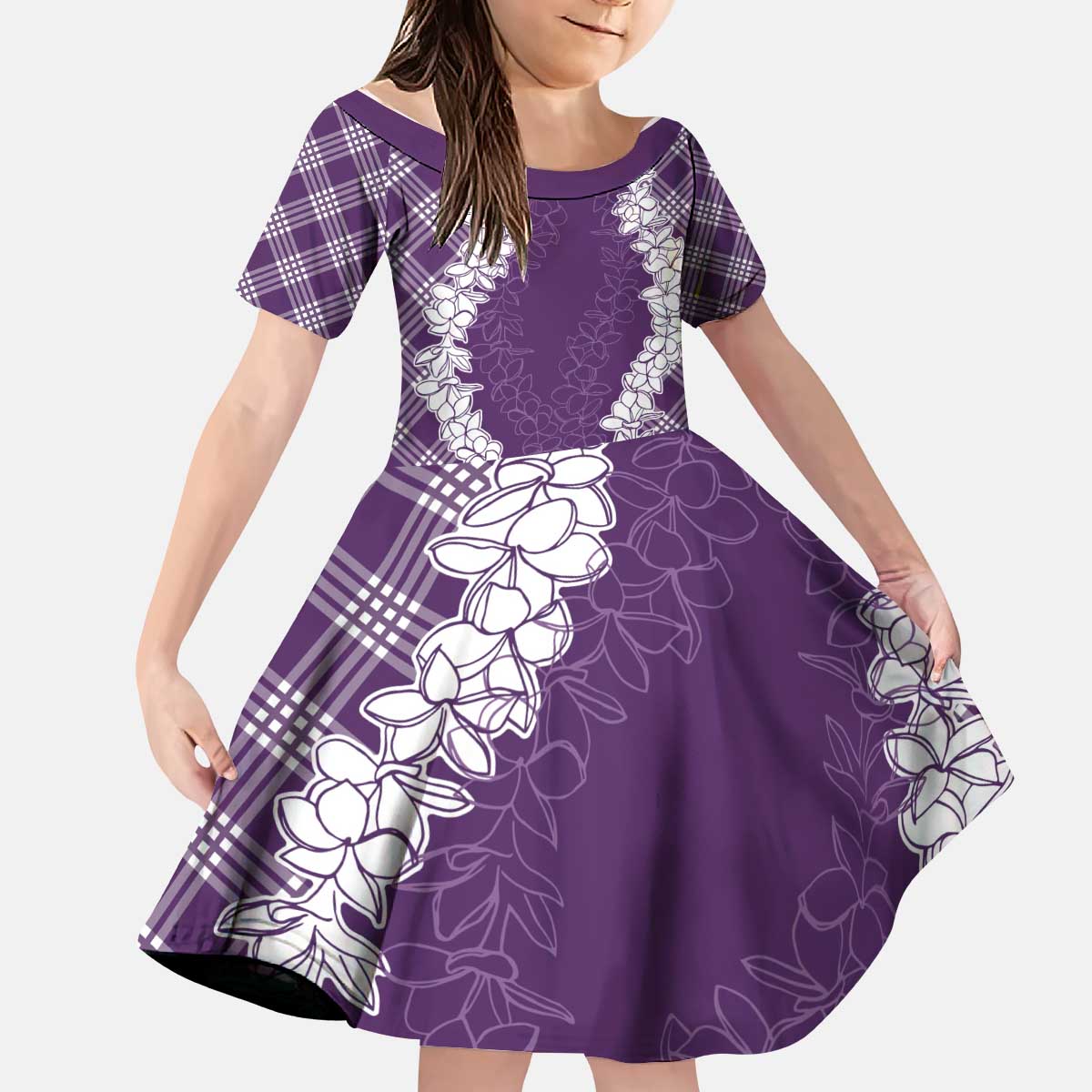 Hawaii Aloha Plumeria Lei Violet Palaka Kid Short Sleeve Dress - Polynesian Pride