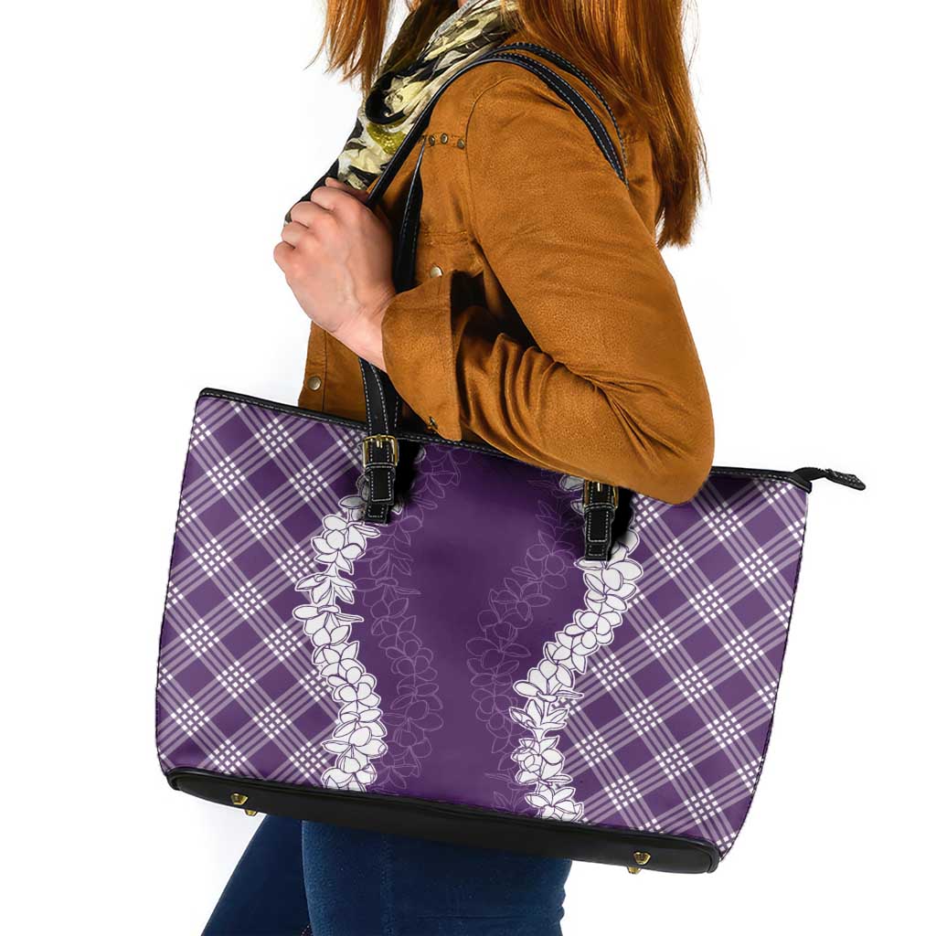 Hawaii Aloha Plumeria Lei Violet Palaka Leather Tote Bag - Polynesian Pride