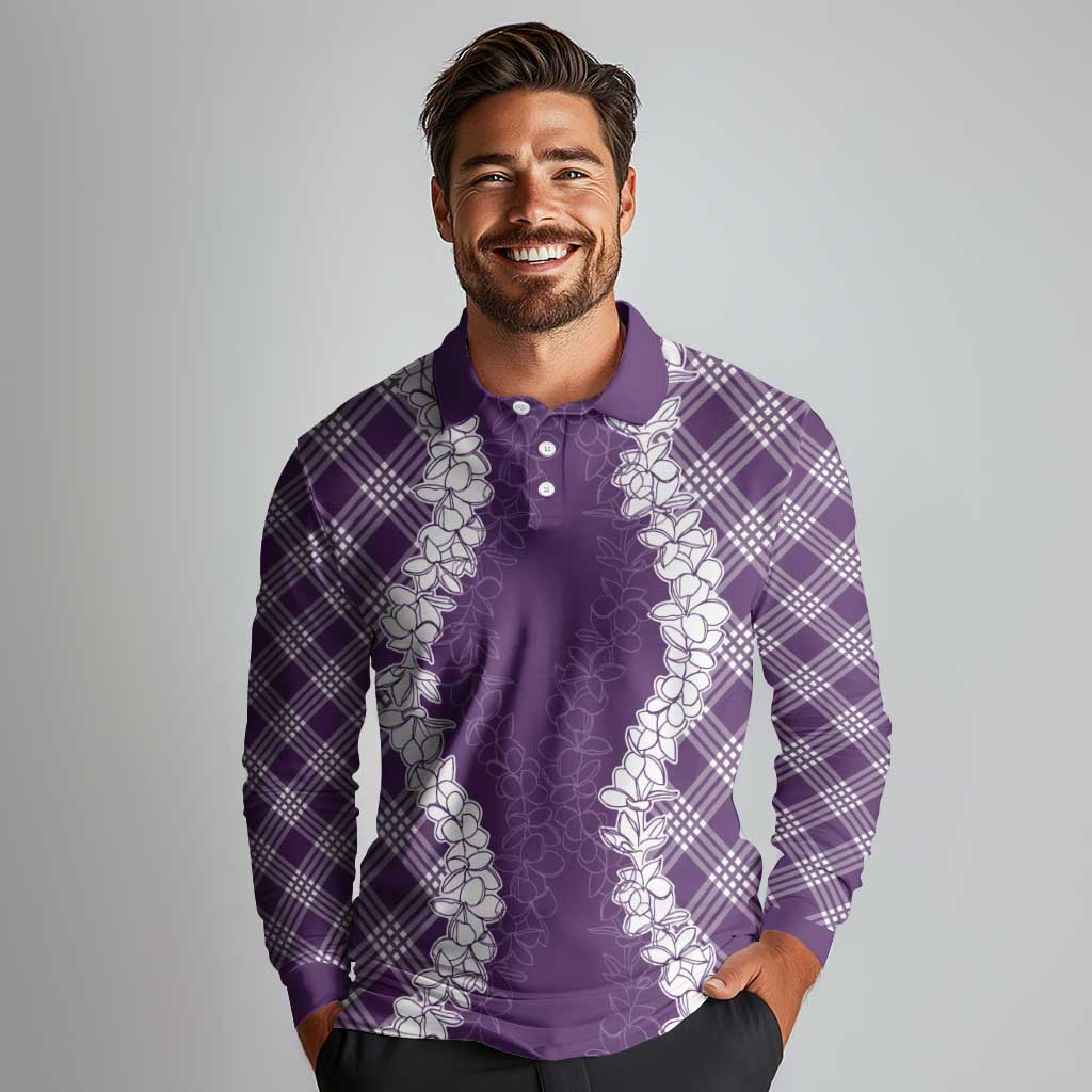 Hawaii Aloha Plumeria Lei Violet Palaka Long Sleeve Polo Shirt - Polynesian Pride