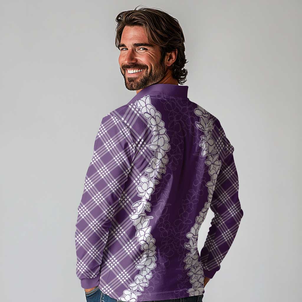 Hawaii Aloha Plumeria Lei Violet Palaka Long Sleeve Polo Shirt - Polynesian Pride