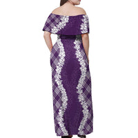 Hawaii Aloha Plumeria Lei Violet Palaka Off Shoulder Maxi Dress - Polynesian Pride