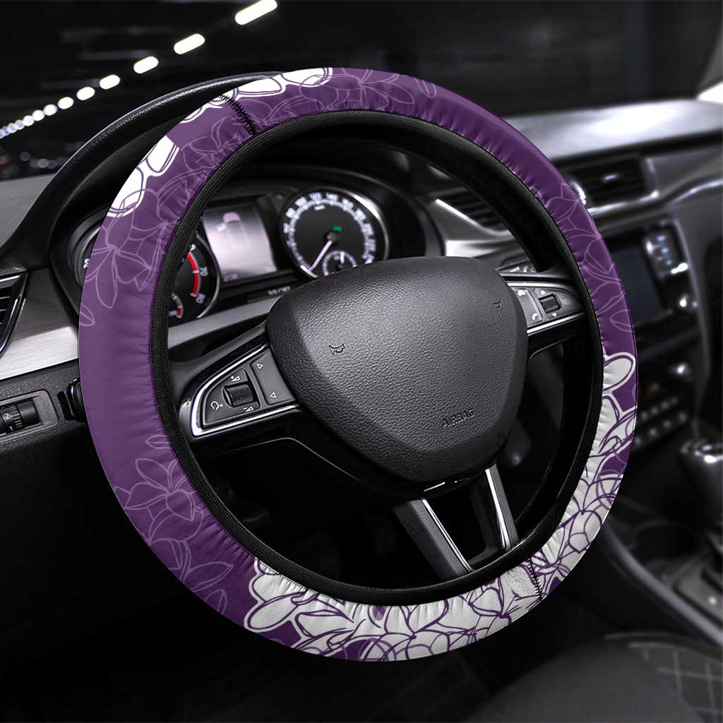 Hawaii Aloha Plumeria Lei Violet Palaka Steering Wheel Cover - Polynesian Pride