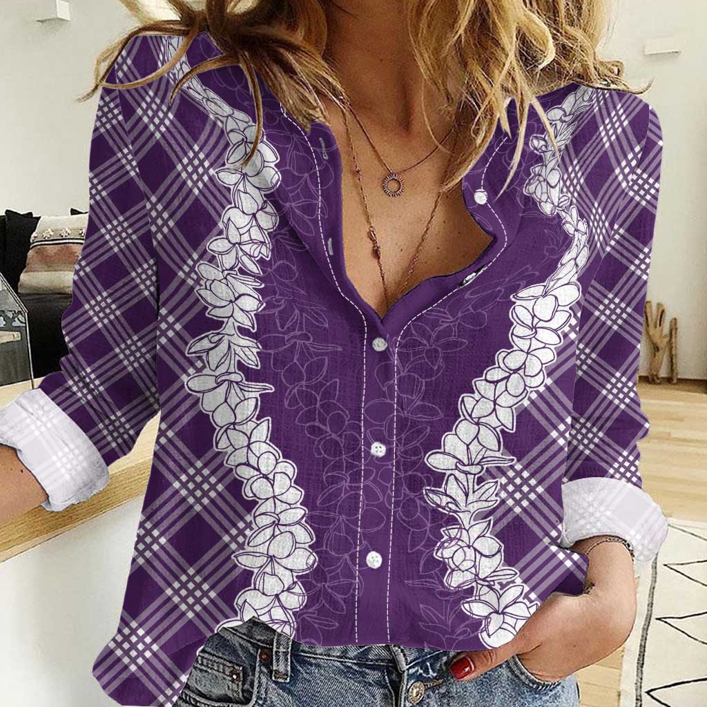 Hawaii Aloha Plumeria Lei Violet Palaka Women Casual Shirt - Polynesian Pride