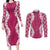 Hawaii Aloha Plumeria Lei Fuschia Palaka Couples Matching Long Sleeve Bodycon Dress and Long Sleeve Button Shirt - Polynesian Pride