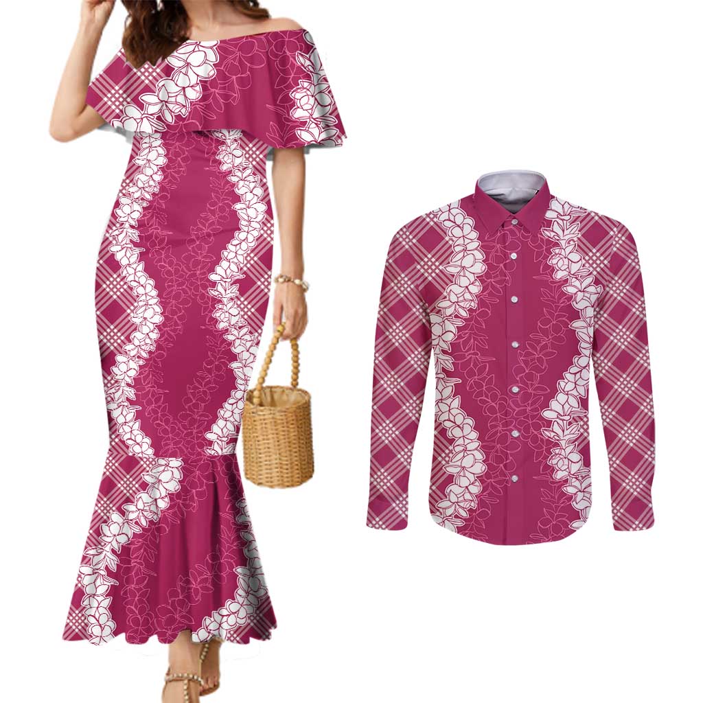 Hawaii Aloha Plumeria Lei Fuschia Palaka Couples Matching Mermaid Dress and Long Sleeve Button Shirt - Polynesian Pride