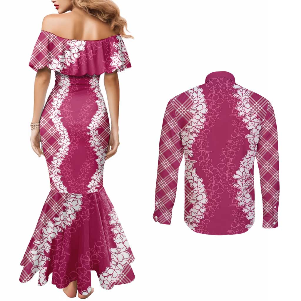 Hawaii Aloha Plumeria Lei Fuschia Palaka Couples Matching Mermaid Dress and Long Sleeve Button Shirt - Polynesian Pride
