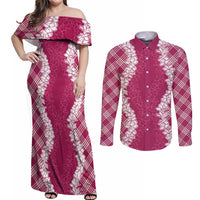 Hawaii Aloha Plumeria Lei Fuschia Palaka Couples Matching Off Shoulder Maxi Dress and Long Sleeve Button Shirt - Polynesian Pride