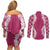 Hawaii Aloha Plumeria Lei Fuschia Palaka Couples Matching Off Shoulder Short Dress and Long Sleeve Button Shirt - Polynesian Pride
