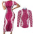 Hawaii Aloha Plumeria Lei Fuschia Palaka Couples Matching Short Sleeve Bodycon Dress and Long Sleeve Button Shirt - Polynesian Pride