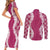Hawaii Aloha Plumeria Lei Fuschia Palaka Couples Matching Short Sleeve Bodycon Dress and Long Sleeve Button Shirt - Polynesian Pride