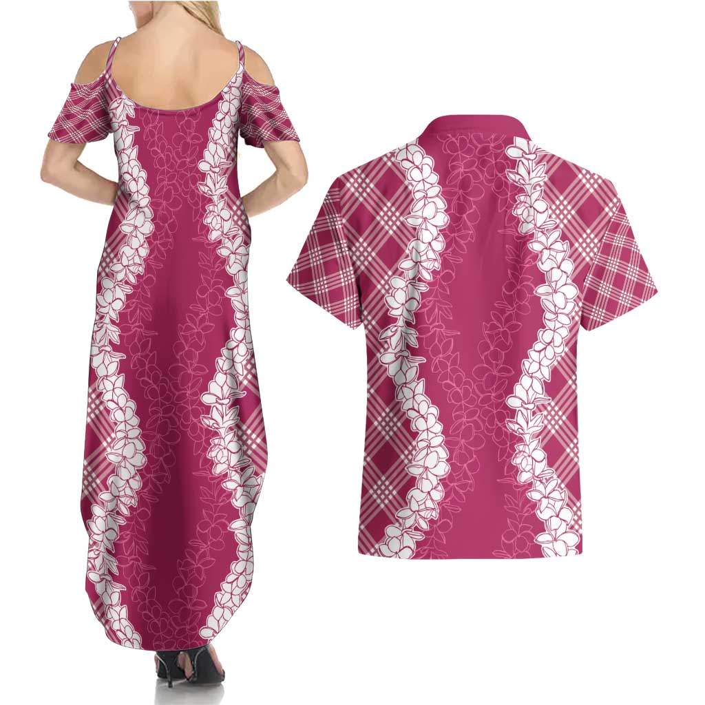 Hawaii Aloha Plumeria Lei Fuschia Palaka Couples Matching Summer Maxi Dress and Hawaiian Shirt - Polynesian Pride