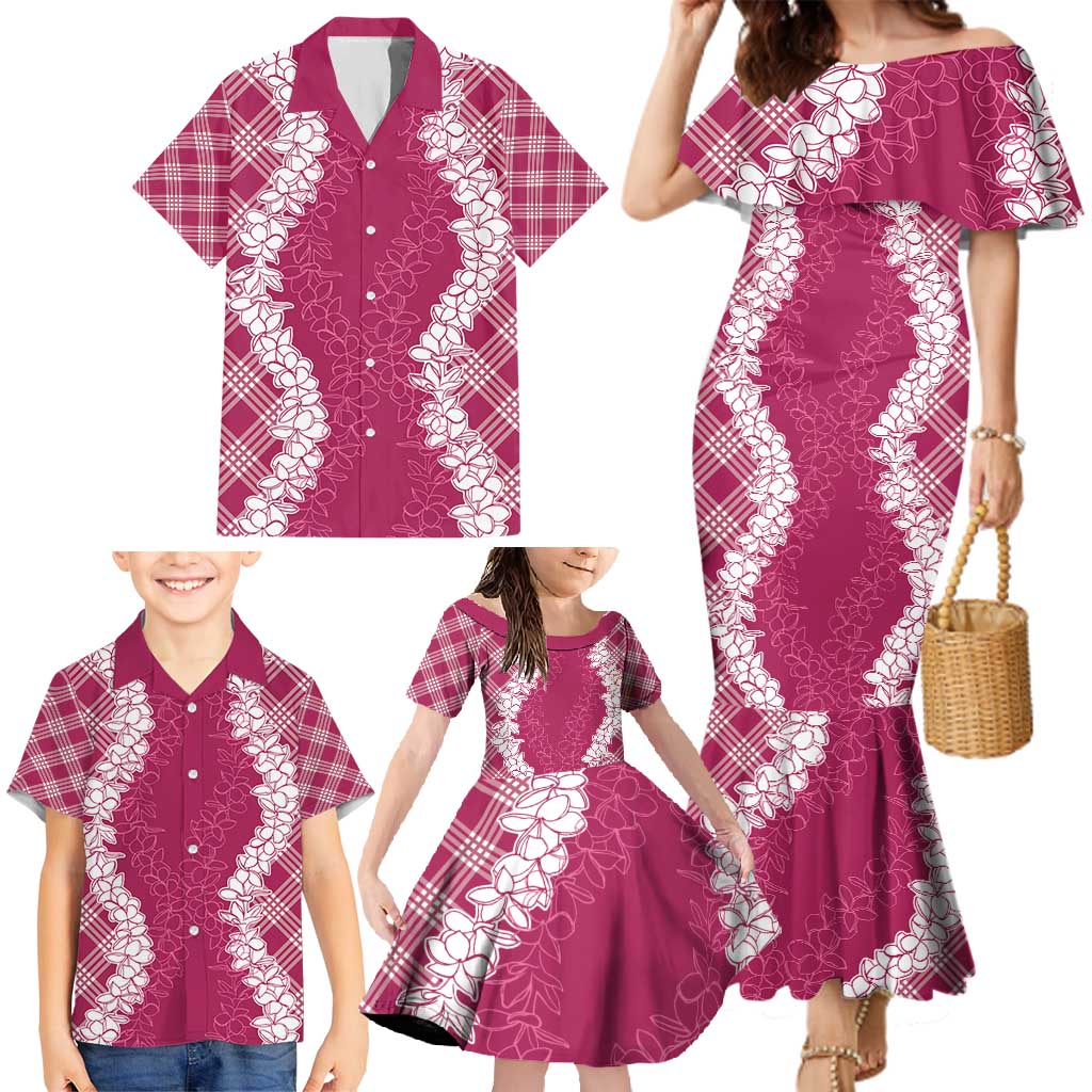 Hawaii Aloha Plumeria Lei Fuschia Palaka Family Matching Mermaid Dress and Hawaiian Shirt - Polynesian Pride