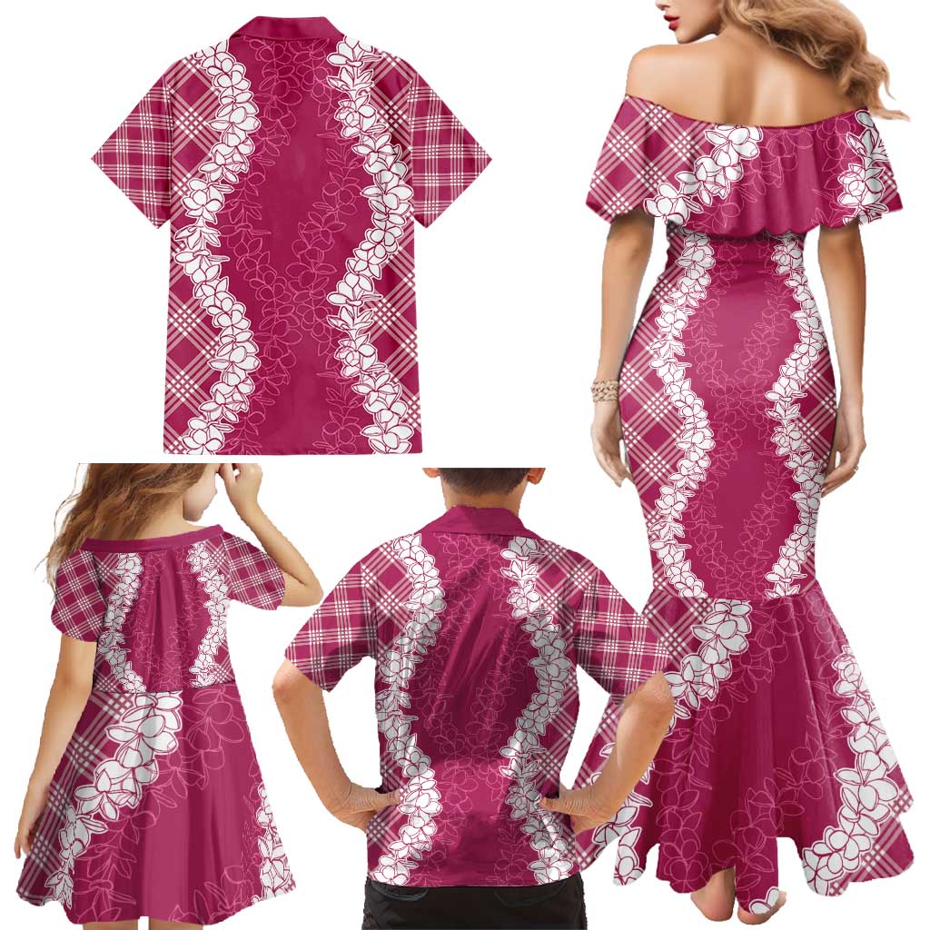 Hawaii Aloha Plumeria Lei Fuschia Palaka Family Matching Mermaid Dress and Hawaiian Shirt - Polynesian Pride