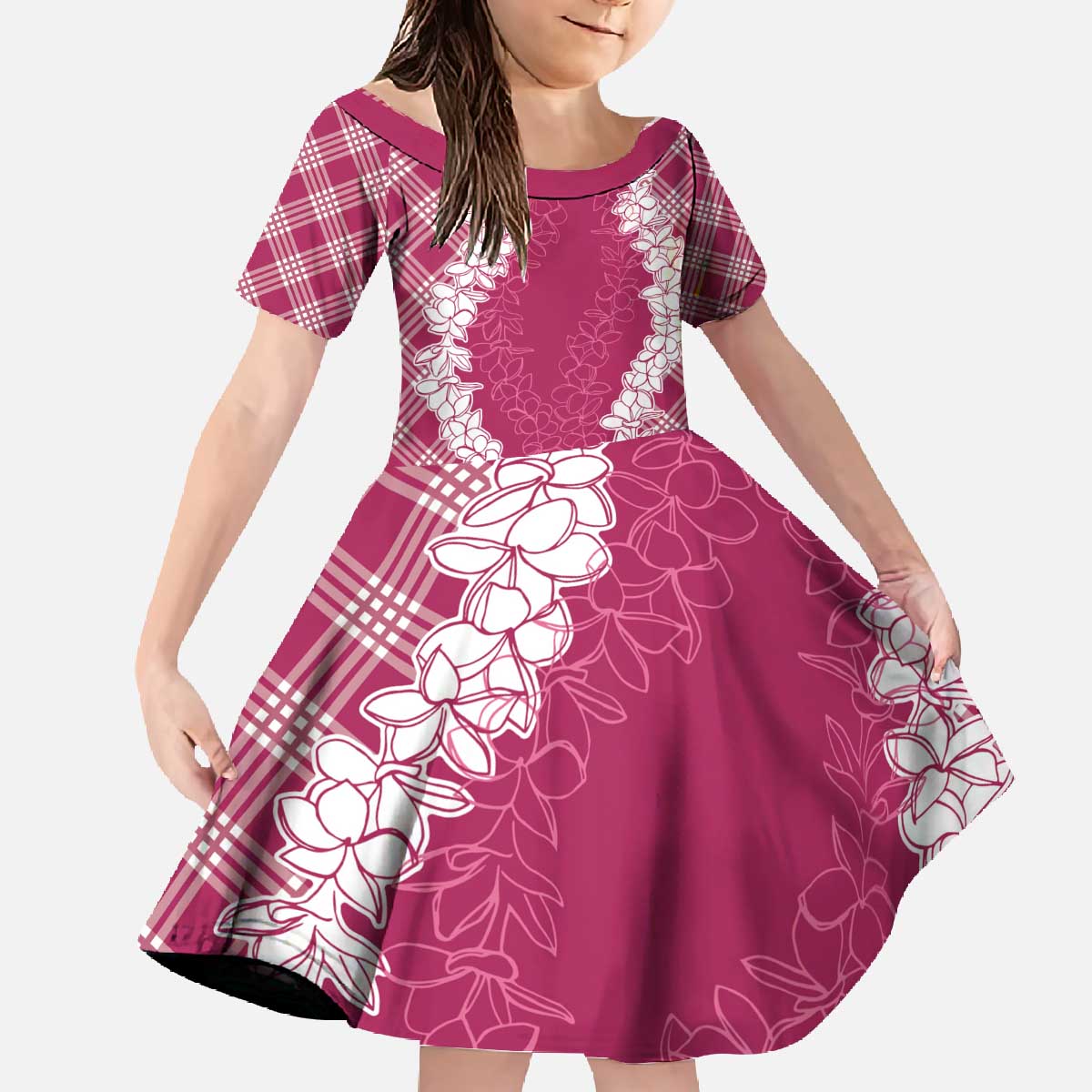 Hawaii Aloha Plumeria Lei Fuschia Palaka Family Matching Off The Shoulder Long Sleeve Dress and Hawaiian Shirt - Polynesian Pride