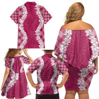 Hawaii Aloha Plumeria Lei Fuschia Palaka Family Matching Off Shoulder Short Dress and Hawaiian Shirt - Polynesian Pride