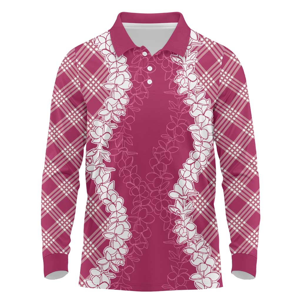 Hawaii Aloha Plumeria Lei Fuschia Palaka Long Sleeve Polo Shirt - Polynesian Pride