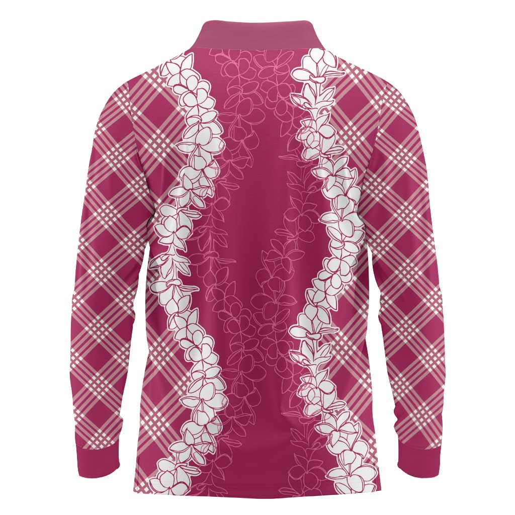 Hawaii Aloha Plumeria Lei Fuschia Palaka Long Sleeve Polo Shirt - Polynesian Pride