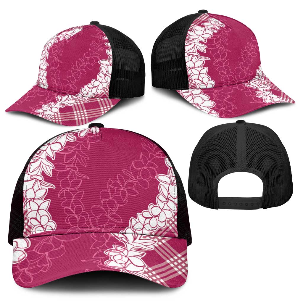Hawaii Aloha Plumeria Lei Fuschia Palaka Mesh Trucker Cap - Polynesian Pride