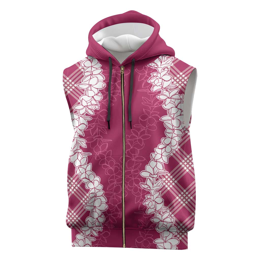 Hawaii Aloha Plumeria Lei Fuschia Palaka Sleeveless Zip Hoodie - Polynesian Pride