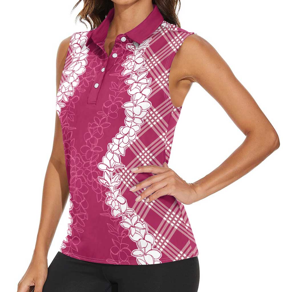 Hawaii Aloha Plumeria Lei Fuschia Palaka Women Sleeveless Polo Shirt - Polynesian Pride