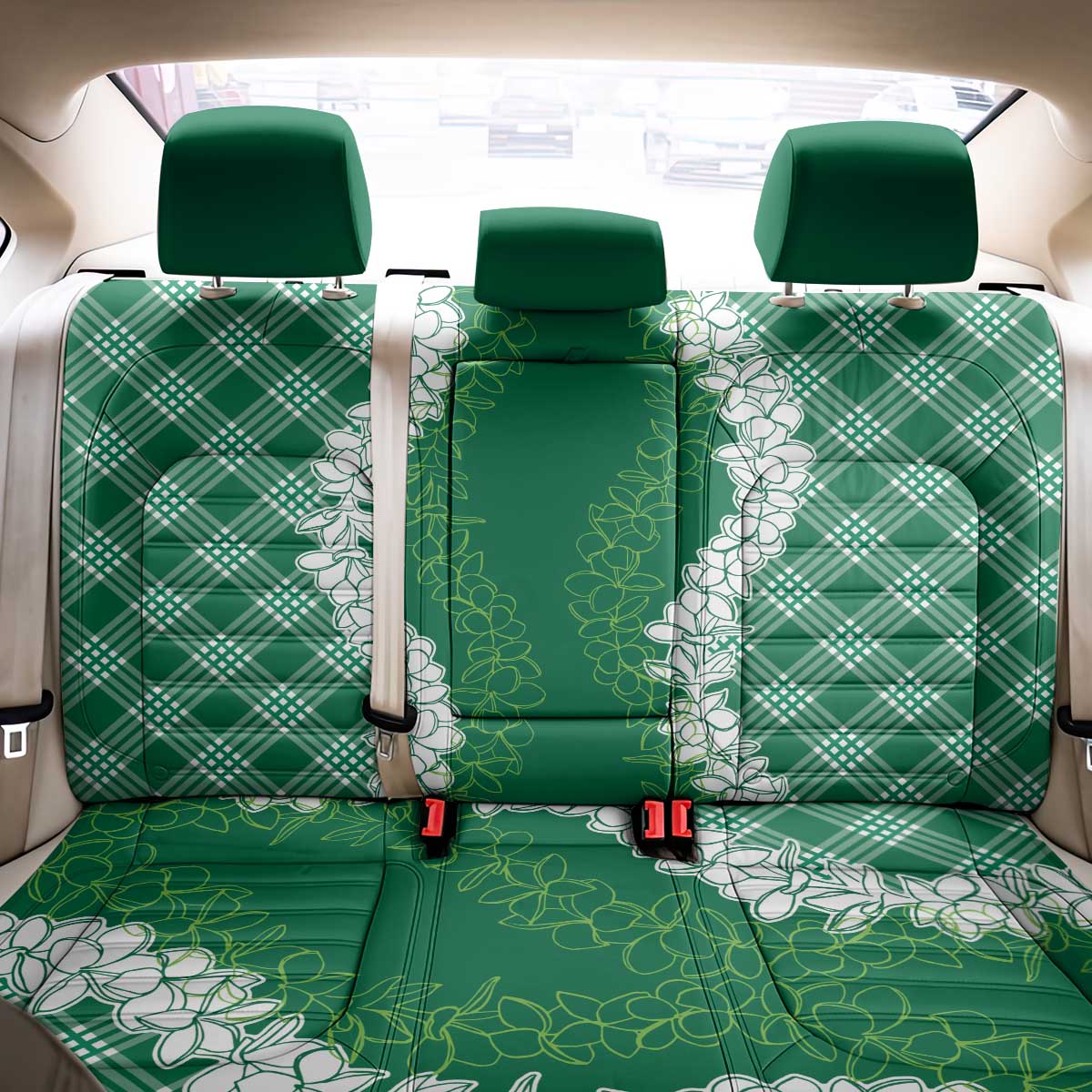 Hawaii Aloha Plumeria Lei Green Palaka Back Car Seat Cover - Polynesian Pride