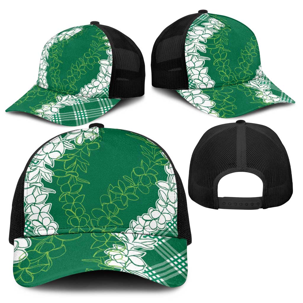 Hawaii Aloha Plumeria Lei Green Palaka Baseball Net Cap - Polynesian Pride