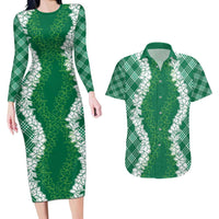 Hawaii Aloha Plumeria Lei Green Palaka Couples Matching Long Sleeve Bodycon Dress and Hawaiian Shirt - Polynesian Pride