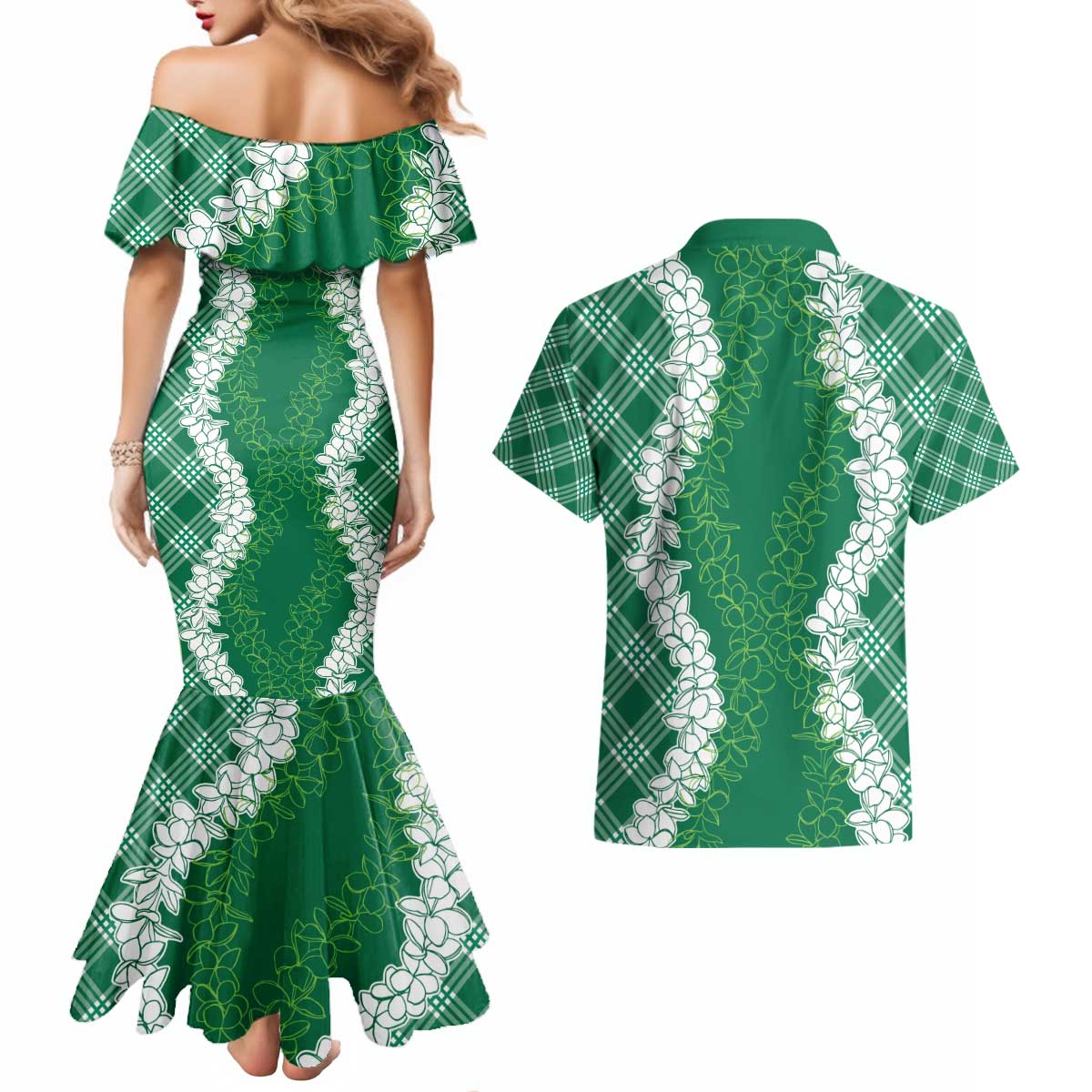 Hawaii Aloha Plumeria Lei Green Palaka Couples Matching Mermaid Dress and Hawaiian Shirt - Polynesian Pride