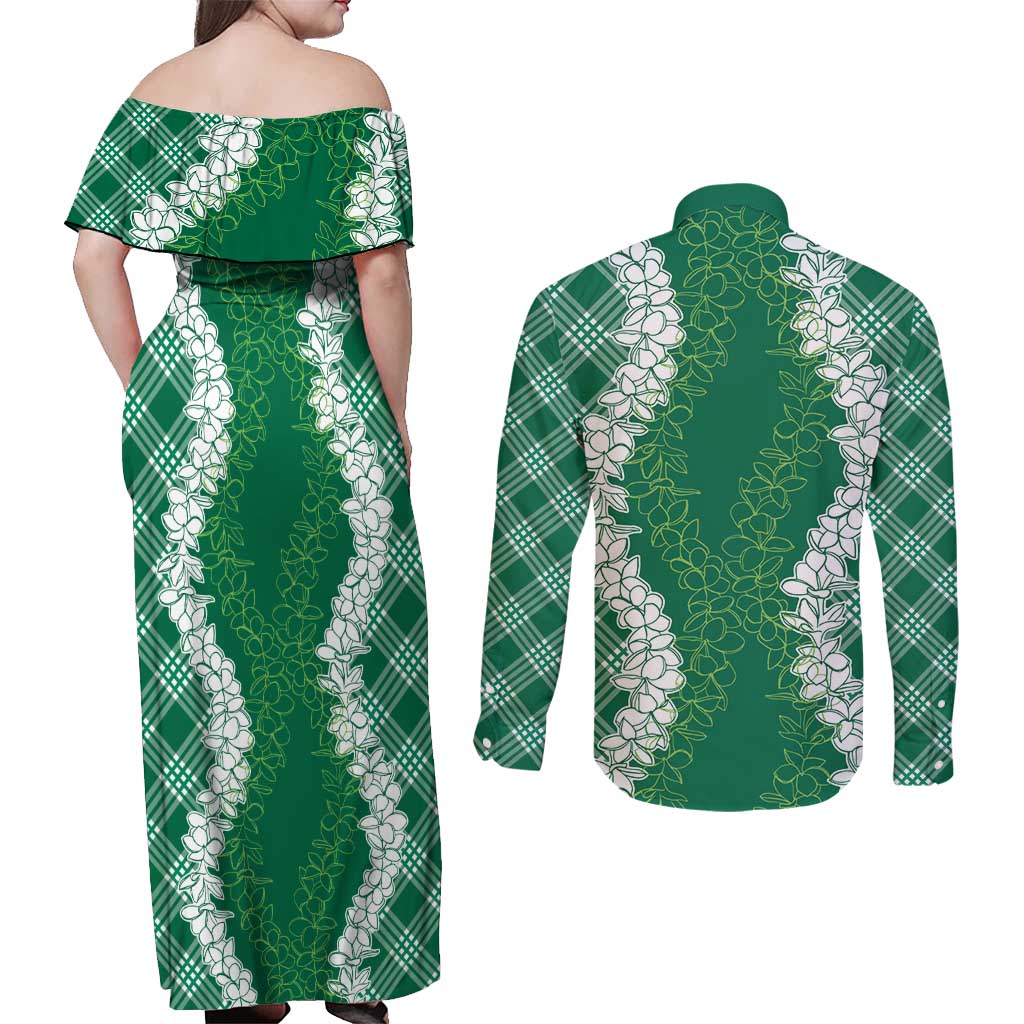 Hawaii Aloha Plumeria Lei Green Palaka Couples Matching Off Shoulder Maxi Dress and Long Sleeve Button Shirt - Polynesian Pride