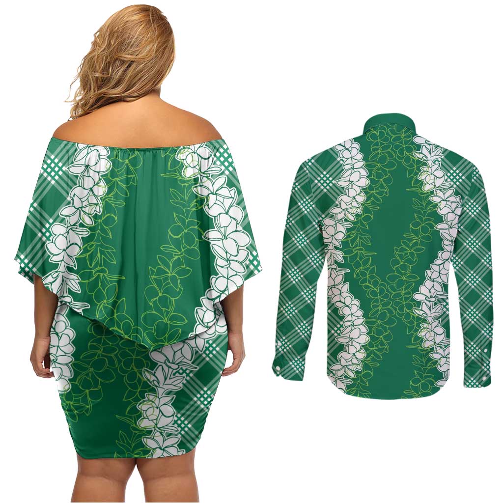 Hawaii Aloha Plumeria Lei Green Palaka Couples Matching Off Shoulder Short Dress and Long Sleeve Button Shirt - Polynesian Pride