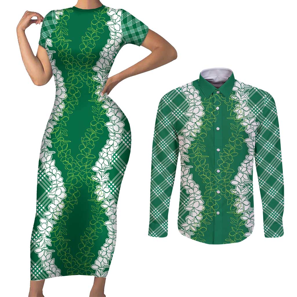 Hawaii Aloha Plumeria Lei Green Palaka Couples Matching Short Sleeve Bodycon Dress and Long Sleeve Button Shirt - Polynesian Pride