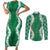 Hawaii Aloha Plumeria Lei Green Palaka Couples Matching Short Sleeve Bodycon Dress and Long Sleeve Button Shirt - Polynesian Pride