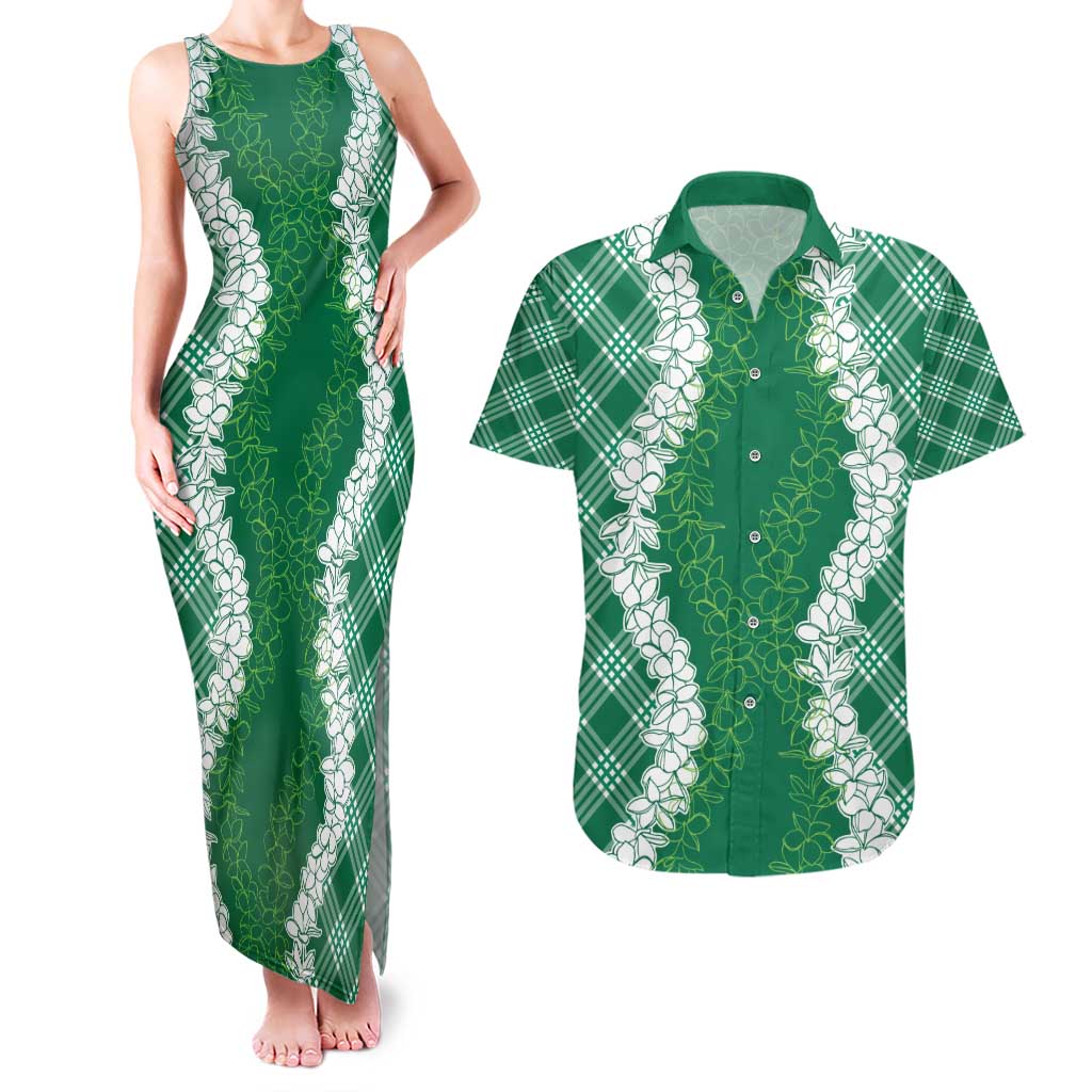 Hawaii Aloha Plumeria Lei Green Palaka Couples Matching Tank Maxi Dress and Hawaiian Shirt - Polynesian Pride