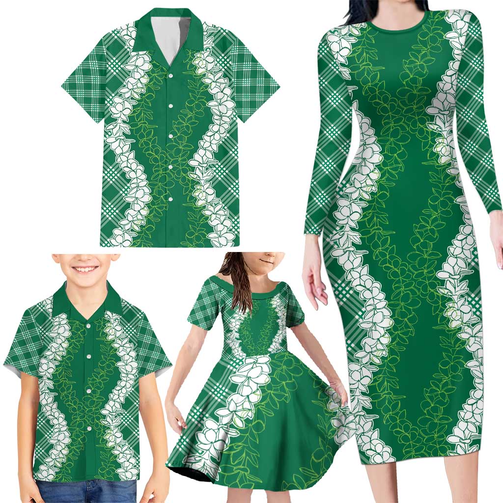 Hawaii Aloha Plumeria Lei Green Palaka Family Matching Long Sleeve Bodycon Dress and Hawaiian Shirt - Polynesian Pride