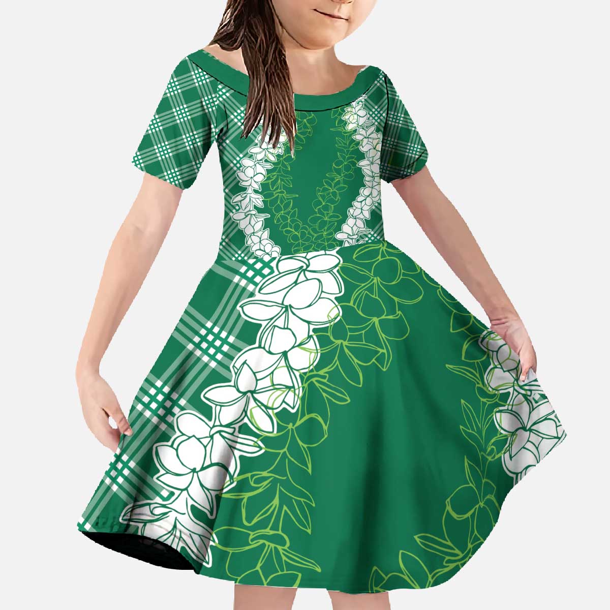 Hawaii Aloha Plumeria Lei Green Palaka Family Matching Off The Shoulder Long Sleeve Dress and Hawaiian Shirt - Polynesian Pride