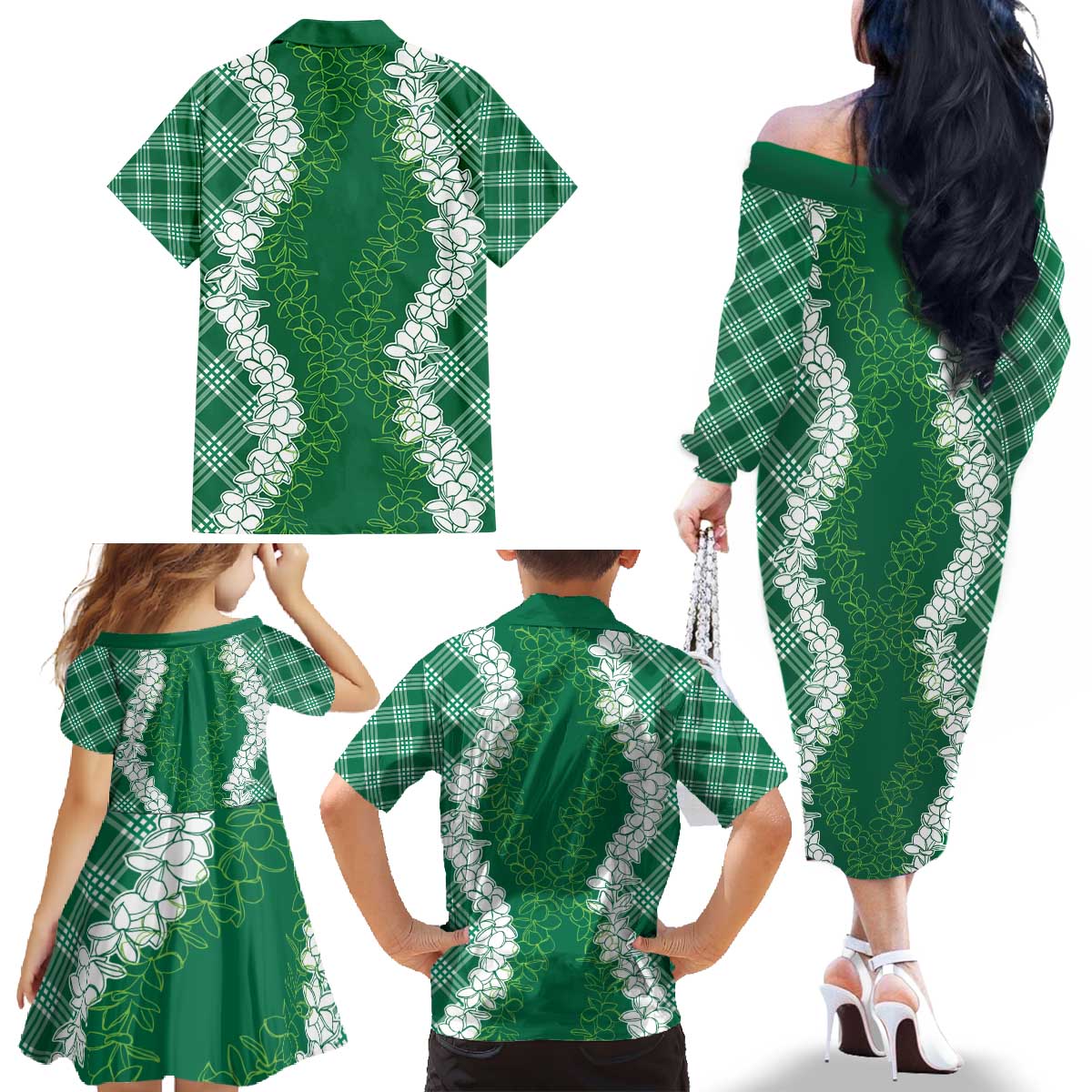 Hawaii Aloha Plumeria Lei Green Palaka Family Matching Off The Shoulder Long Sleeve Dress and Hawaiian Shirt - Polynesian Pride